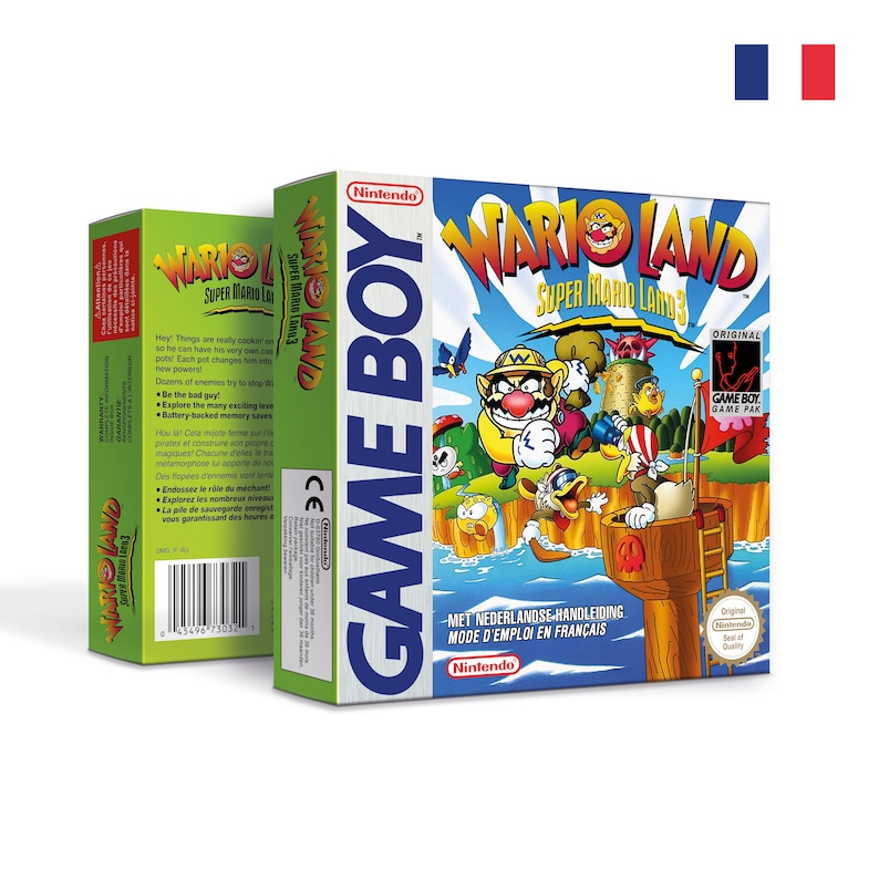 May include: A green, blue, and yellow Game Boy Color game cartridge box for Wario Land: Super Mario Land 3. The box features a cartoon image of Wario and other characters from the game. The text on the box reads "Wario Land: Super Mario Land 3" and "Game Boy Color".