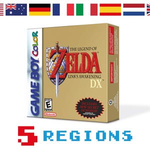 May include: A gold-coloured Game Boy Color game box for "The Legend of Zelda: Link's Awakening DX." The box features the game title in red, a sword and shield graphic, and the text "Includes New Secret Dungeon!" and "5 Regions."
