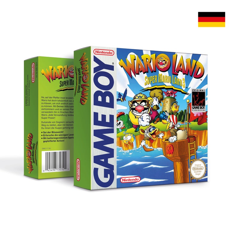 May include: A green and blue Game Boy Color game cartridge case for Wario Land: Super Mario Land 3. The front of the case features a cartoon image of Wario and other characters from the game. The back of the case has text in German.