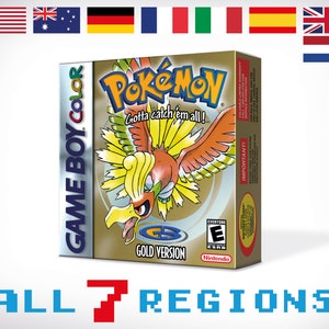 Puede incluir: Un cartucho de juego Game Boy Color dorado para Pokemon Edición Oro. La caja presenta una imagen de dibujos animados del Pokemon legendario, Ho-Oh, con el texto "Gotta catch 'em all!" y "Edición Oro".