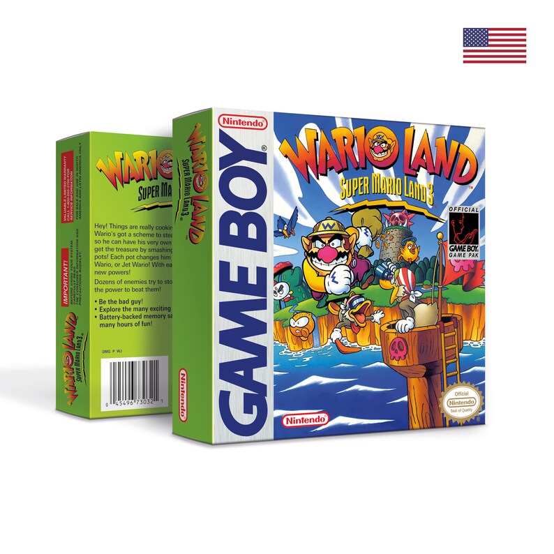 May include: A green and white Game Boy cartridge case for the game Wario Land: Super Mario Land 3. The front of the case features a colorful illustration of Wario, a character from the Super Mario video game series, standing on a platform with other characters. The text "Wario Land" and "Super Mario Land 3" is printed on the case.