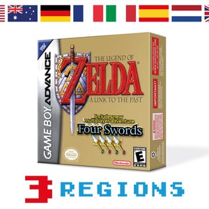 Puede incluir: Caja de videojuego de Game Boy Advance para "The Legend of Zelda: A Link to the Past" con un diseño de escudo y espada. La caja incluye "Four Swords" y el logotipo de Nintendo. El texto "3 REGIONS" está en la parte inferior.