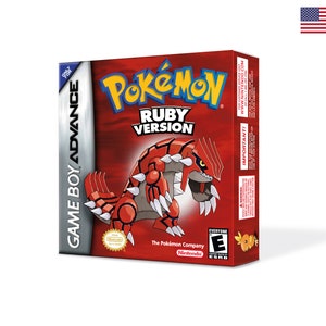 Könnte beinhalten: Game Boy Advance-Spielkassette für Pokémon Rubin Version. Die Hülle ist rot mit einem Bild eines roten und schwarzen Pokémon auf der Vorderseite. Der Text "Pokémon Rubin Version" ist in weißen Buchstaben auf schwarzem Hintergrund.