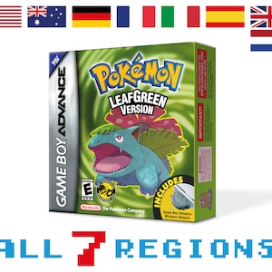 以下が含まれることがあります： ポケモンリーフグリーンバージョンの緑色のゲームボーイアドバンスゲームカートリッジケース。ケースには、緑色の背景にポケモンのグロバイルの漫画画像が描かれています。ケースには、ゲームボーイアドバンスワイヤレスアダプターが含まれています。テキスト「ポケモンリーフグリーンバージョン」は、黒いバナーに白で印刷されています。