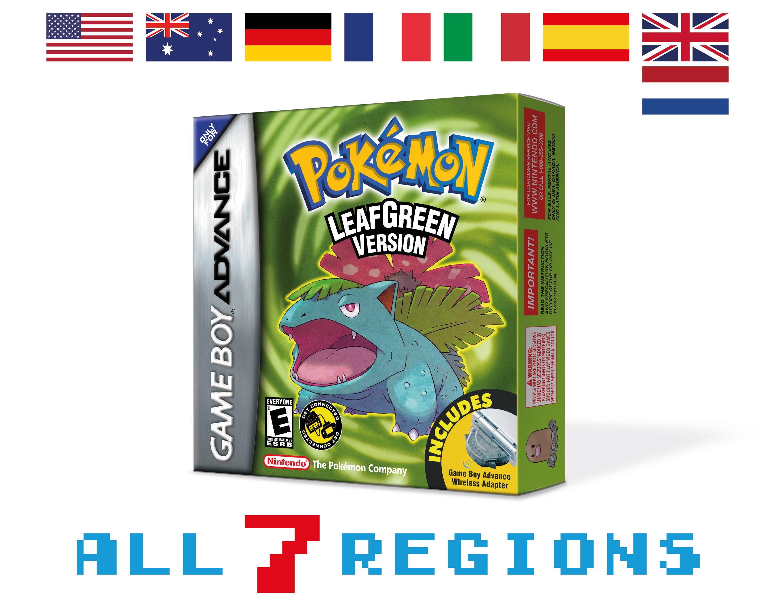 Pokemon Verde Hoja Caja para Game Boy Nintendo - 7 Regiones - HQ - Bandeja interior y funda protectora