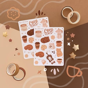 Cozy Cafe Sticker Sheet | aesthetic coffee stickers, cat stickers, light academia, bullet journal, journaling, pen pal, stationery, planner