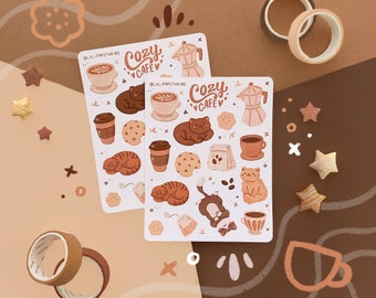 Cozy Cafe Sticker Sheet | aesthetic coffee stickers, cat stickers, light academia, bullet journal, journaling, pen pal, stationery, planner
