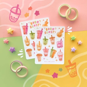 May include: Two sheets of stickers featuring a variety of boba tea designs. The stickers are white with a pink, green, and yellow background. The text "Boba Blast!" is featured on both sheets.