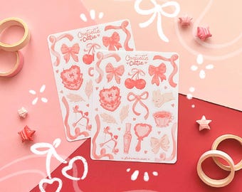 Coquette Cutie Sticker Sheet | coquette aesthetic pink bow stickers, bullet journal, journaling, pen pal, stationery, planner