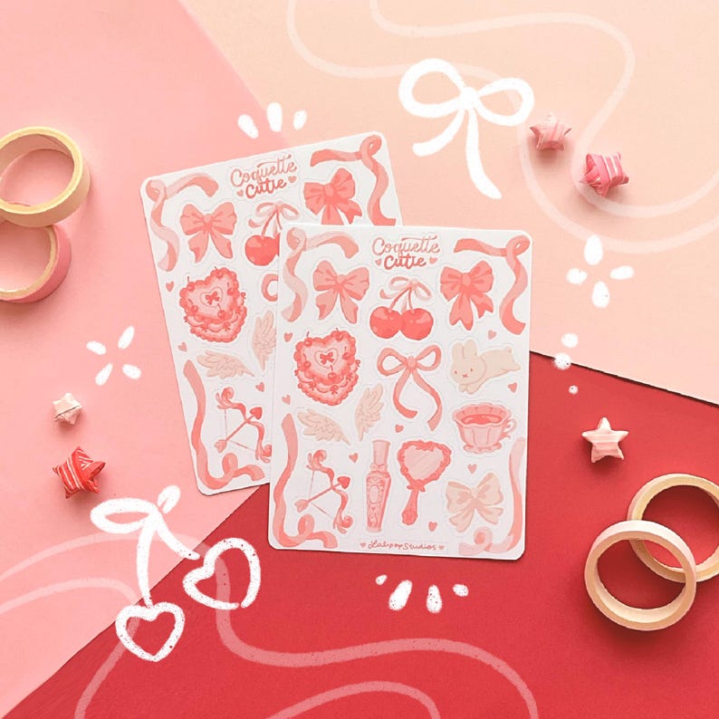 Coquette Cutie Sticker Sheet | Coquette Aesthetic Pink Bow Stickers ...