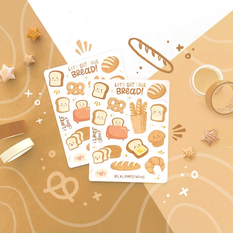 Let's Get This Bread Sticker Sheet cute aesthetic stickers, bullet journal, journaling, pen pal, stationery, planner image 1