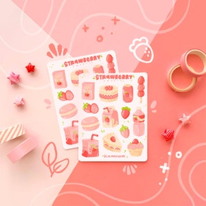 Strawberry Sweets Sticker Sheet | cute aesthetic strawberry stickers, bullet journal, journaling, pen pal, stationery, planner