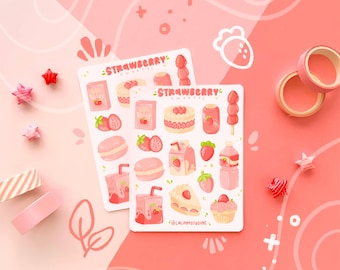 May include: Two sheets of stickers with a strawberry theme. The stickers feature various strawberry-themed illustrations, including strawberries, cakes, drinks, and macarons. The stickers are on a pink background with white outlines.