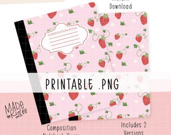 Cuaderno de composición imprimible con portada PNG, diseño de campos de fresas, cuaderno personal, diseño floral, bayas caprichosas, arte digital.