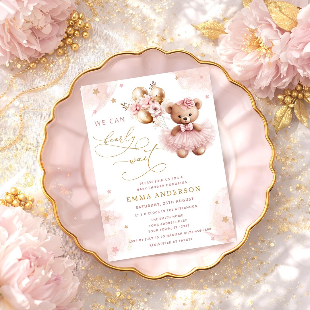 We Can Bearly Wait Pink Teddy Bear Baby Shower Invitation, Pink Girl ...