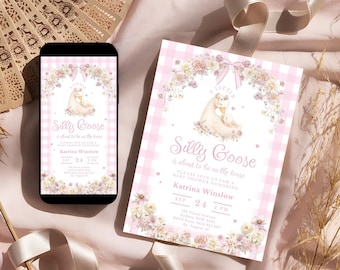 May include: A baby shower invitation with a pink gingham background and floral accents. The invitation features the text "Silly Goose" and "is about to be on the loose". A smartphone displays the same invitation design.