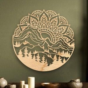 Mandala Mountain Wall Art Spiritual Wall Art,Round Mandala,Inspirational Wall Art, Yoga Room Decor, 3D Mandala Boho, Wall Hanging,Wooden Art