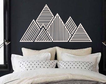 Arte lineal de montaña, arte de pared de cabaña, arte de pared de madera, decoración geométrica de pared de madera de montaña, decoración sobre cama, montaña bohemia, envío gratis