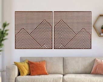 Geometric Mountain Wall Art, Mountain Wood Wall Art Set Of 2, Native Wood Wall Art, Wood Wall Decor Panel, Large Wood Wall Art Modern