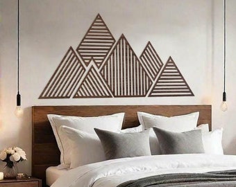 Arte geométrico de pared de madera con montañas, arte de pared con líneas, arte de madera extragrande, recorte de montaña de madera, arte rústico de pared de montaña de madera