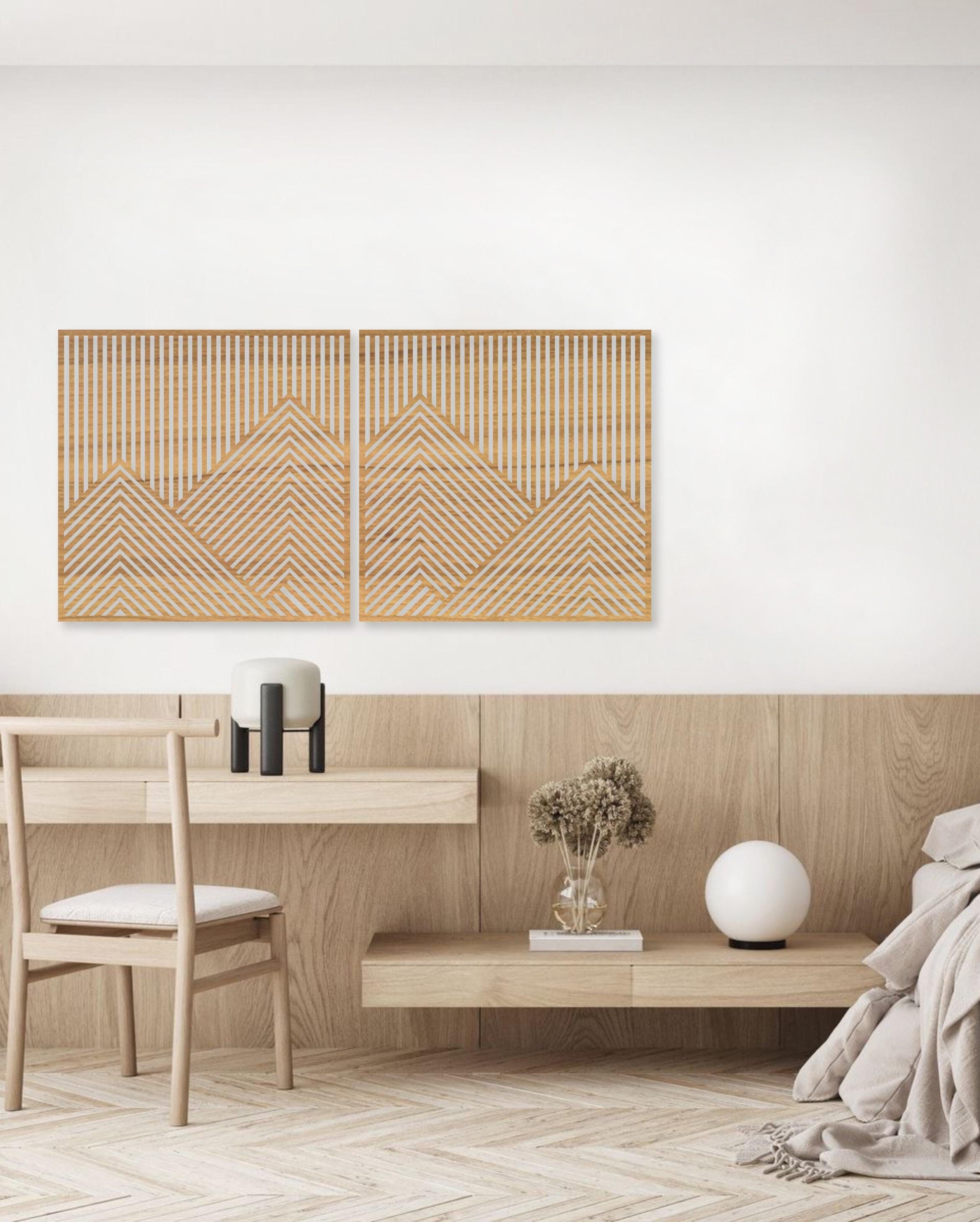 Arte de pared geométrico de una línea en madera, decoración de pared extragrande, arte de pared de madera de montaña, arte de pared de oficina, colgante de pared de montaña minimalista