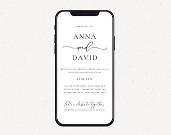 May include: A smartphone screen displaying a wedding invitation for Anna and David. The invitation includes the date "24.08.2025", the location of the ceremony, and the location of the reception. The text "let's celebrate together" is also included.