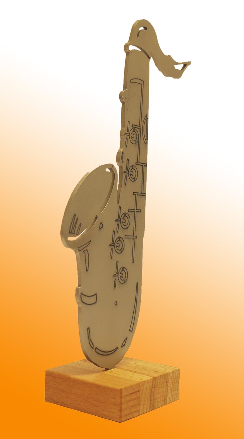 Stainless steel saxophone on wooden base image 2