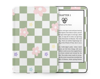 Danish Pastel Aesthetic Flower Green Checkered Pattern Kindle Skin, Soft Retro Pastels, Custom Amazon Kindle eBook Wrap eReader 3M Vinyl