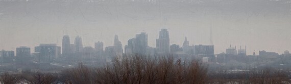 Bleak hazy winter urban skyline.