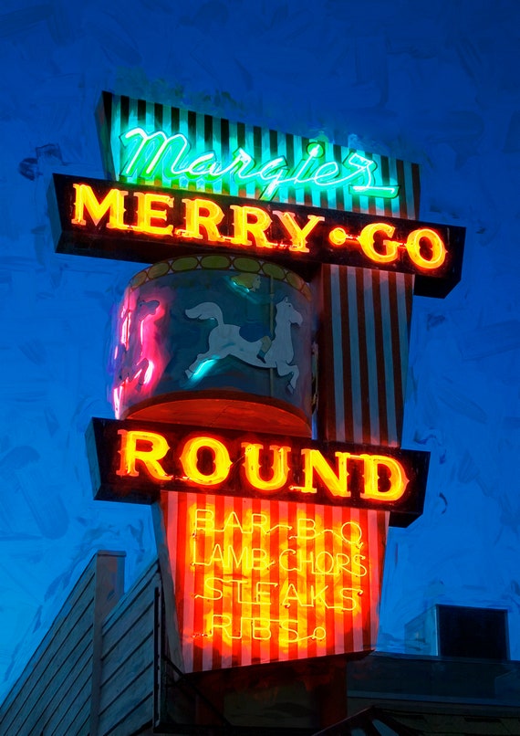 Margie's Merry-Go Round neon restaurant sign at night, Lone Pine, CA.