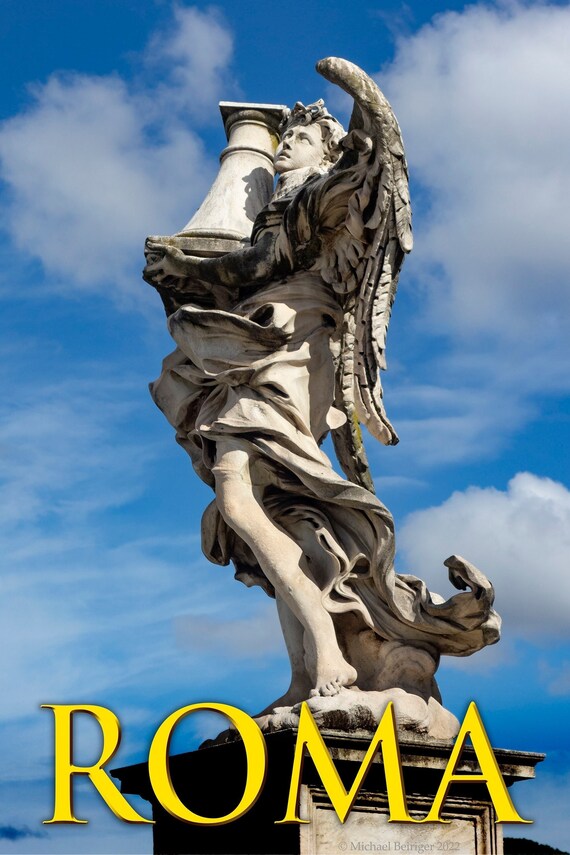 Poster of Angel with column statue on the Ponte Sant'Angelo bridge in Rome, Italy