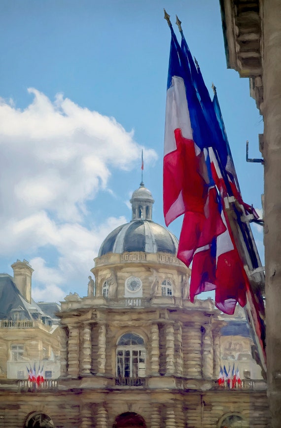 The French Senate building in Paris, with French flags in the foreground.
