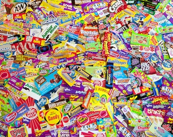 May include: A colorful collection of candy wrappers featuring various popular brands like Big Hunk, Nik-L- Nip, and Tootsie Rolls. The wrappers are arranged in a random pattern, creating a visually appealing and nostalgic display.