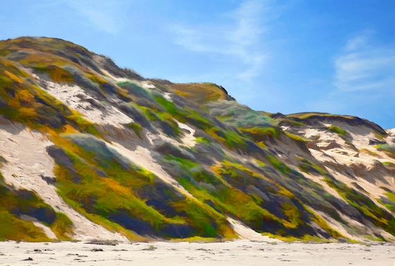 Sand dunes, beach, and sky at Pismo Beach, CA.