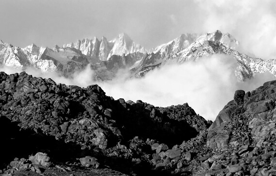 Alabama Hills with Mount Whitney and Sierras in snow storm.