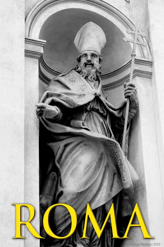 Poster of Roman marble statue of a Pope with Lorraine cross, Vatican, Rome, Italy