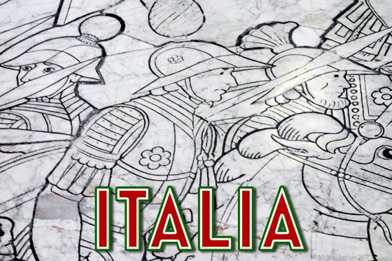 Poster of marble relief carving of soldiers tomb in floor of Santa Maria Cathedral, Siena, Italy