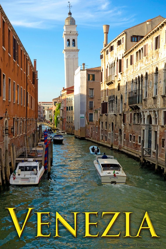 Poster of Venice with canal, boats, bridges, and poles