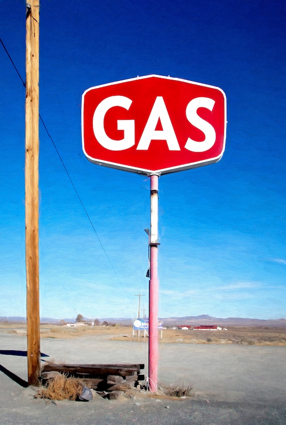 Gas and petrol station sign in the Nevada desert, US.