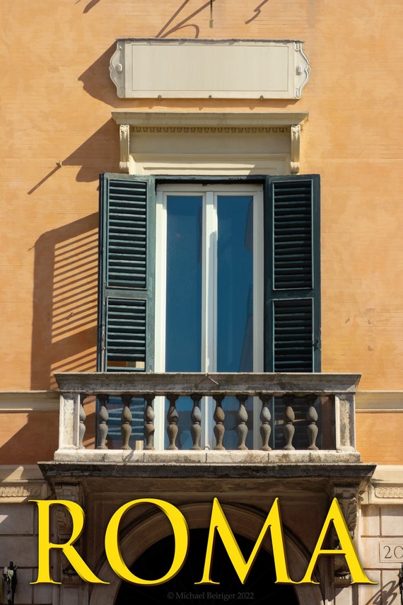 Poster of Roman window with shutters and balcony.