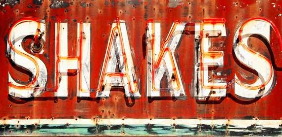 Photo of old neon sign for shakes, burger drive-in milkshakes, US.