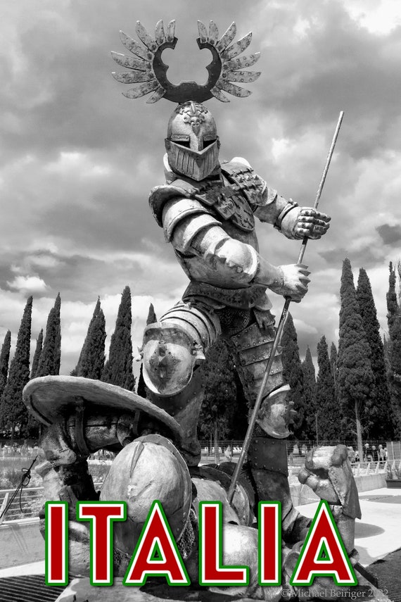 Poster of knight in armor outside the Arena di Verona, Italy