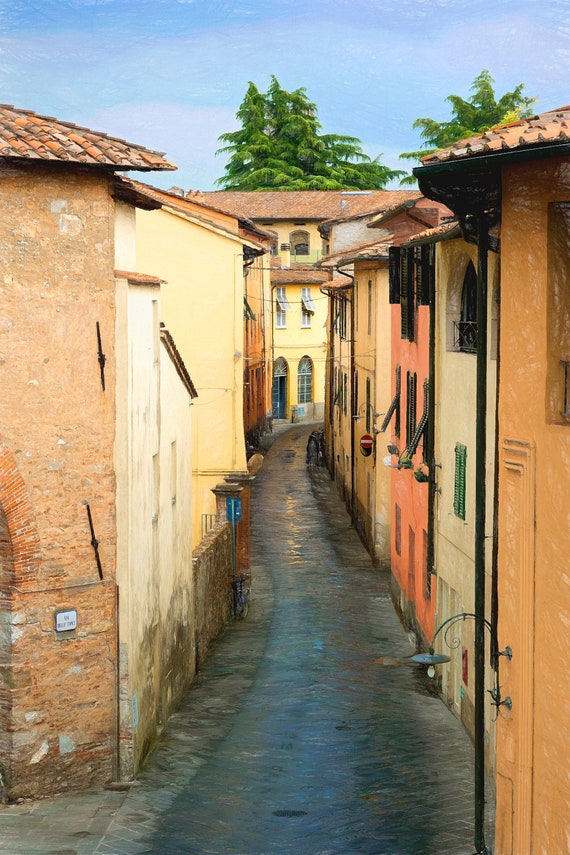 Winding, wet, tiled street in Lucca, Italy.