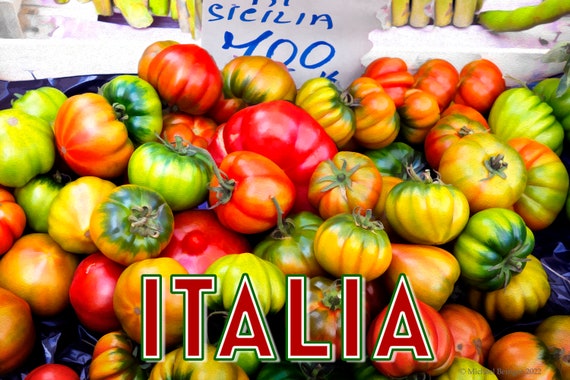 Poster of Sicilian tomatoes in open air Italian market.