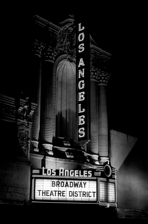 Facade of Los Angeles Theatre at night, downtown Los Angeles.