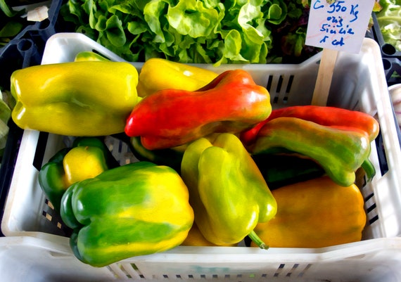 Photo of bell peppers in an open market in Monterosso al Mare, Italy, 2017.