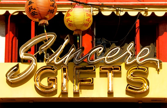 Neon sign for curio shop in LA Chinatown.