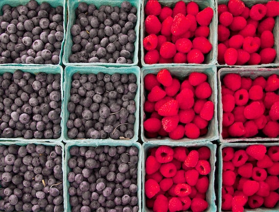 Photo of fresh picked blueberries and raspberries in sales trays.