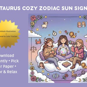 Puede incluir: Una ilustración digital titulada TAURUS COZY ZODIAC SUN SIGN que muestra tres figuras sobre una nube, una con una taza, otra con una bola de cristal y otra con un telescopio. Rodeado de símbolos del zodiaco, flores, estrellas y lunas en morado.