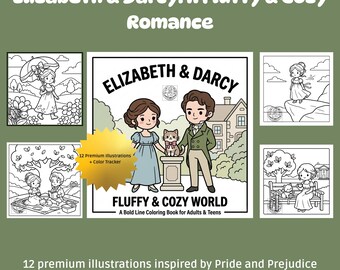 Pride and Prejudice Coloring Pages, 12 Elizabeth & Darcy Designs, Royal Color Tracker, Digital Download PDF, Regency Era Art.